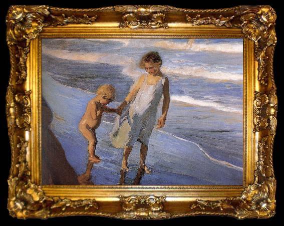 framed  Joaquin Sorolla Two children in Valencia Beach, ta009-2